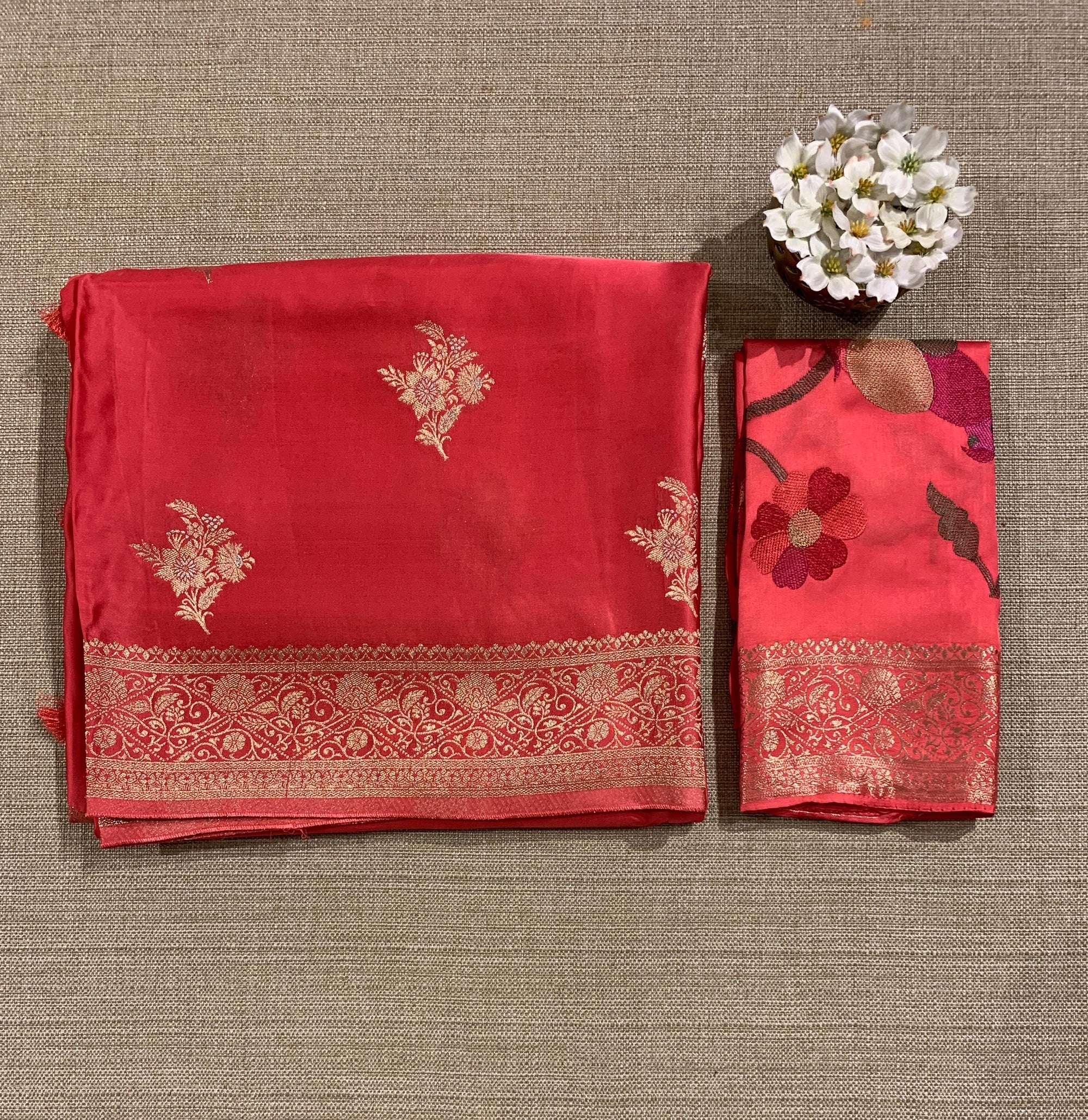 Dark Peach Pink Mashru Silk Saree with Paithani inspired embroidered blouse