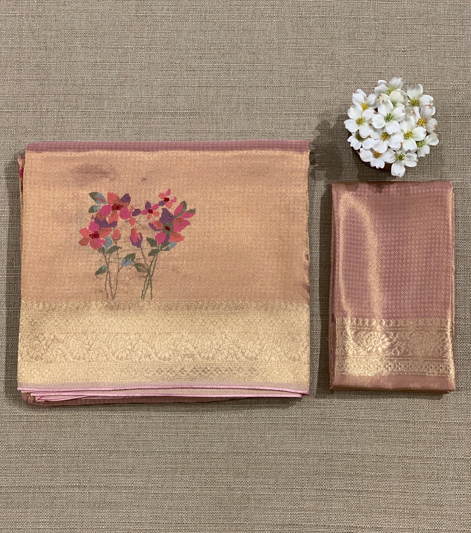 Peach Fancy Banarasi tissue tonchoi weaving saree with embroidery