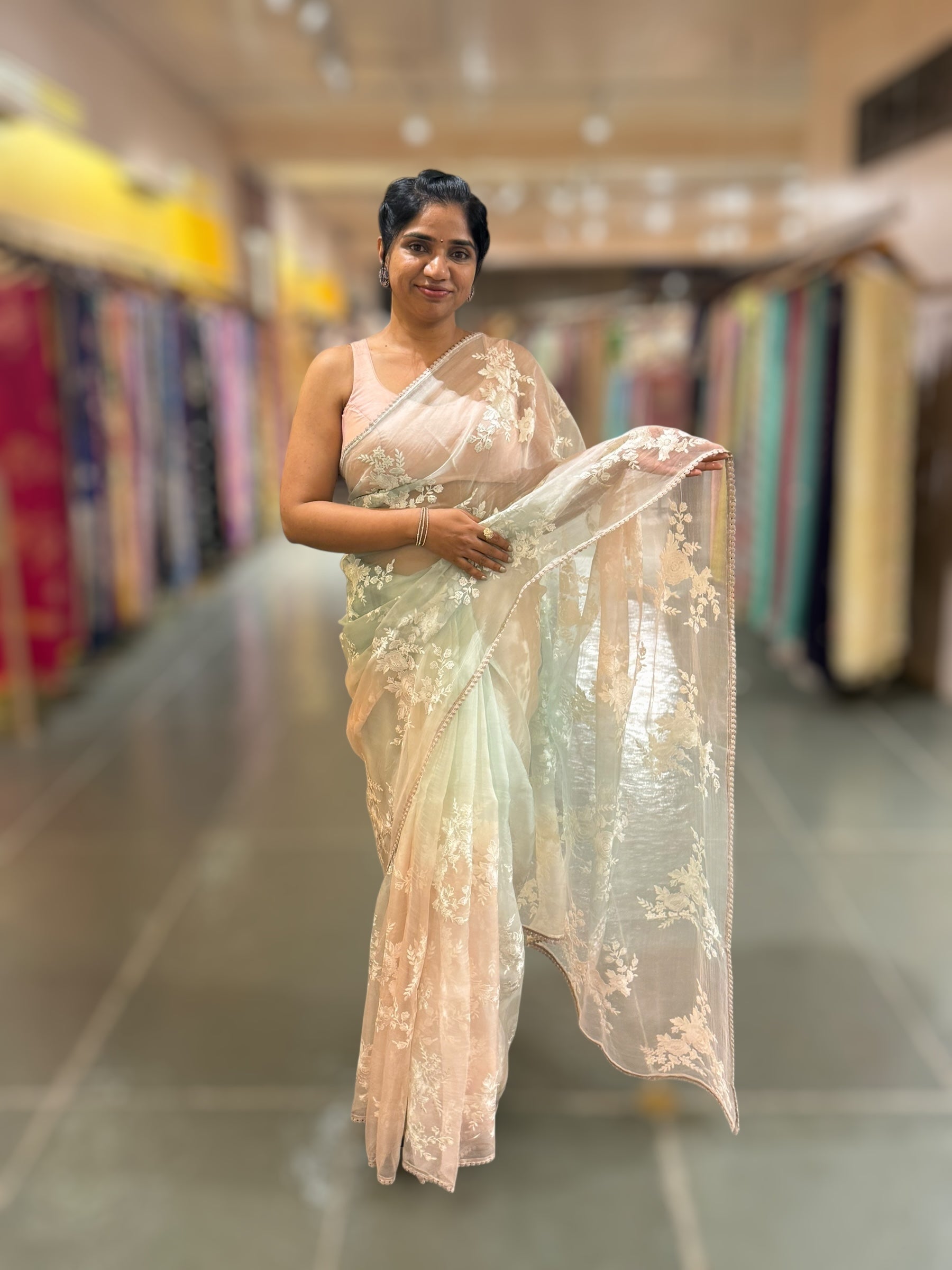 Pure Muslin Ombre Dyed Saree With allover Embroidery