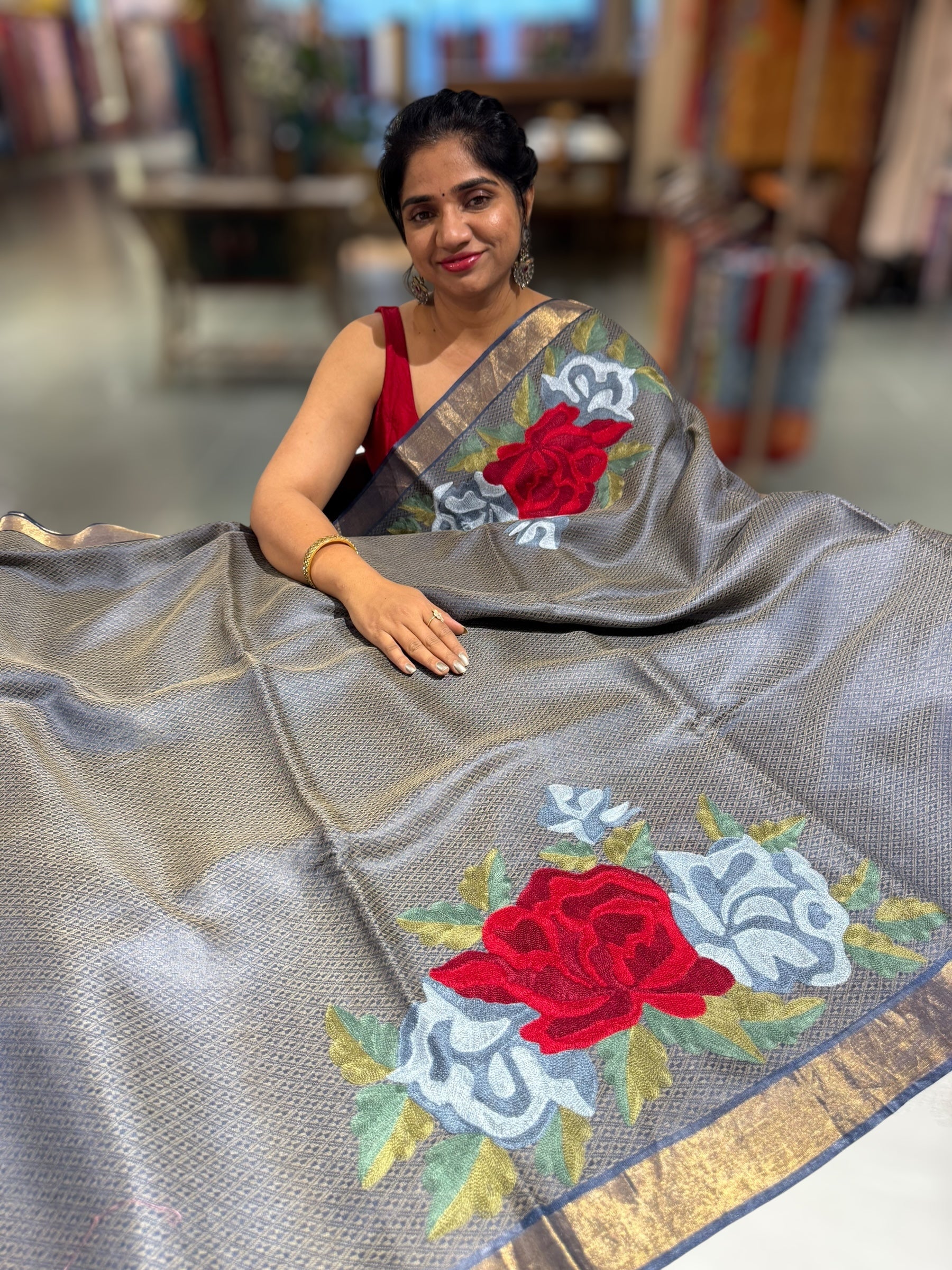 Navy Tussar Brocade Saree With Statement Red Rose Embroidery.