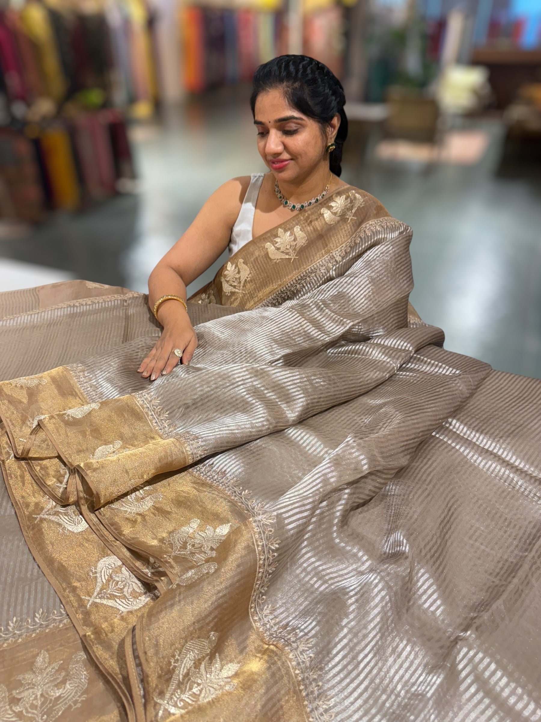 EarthyTone Kora tissue silver stripes Saree with double parrot  embroidered tissue border