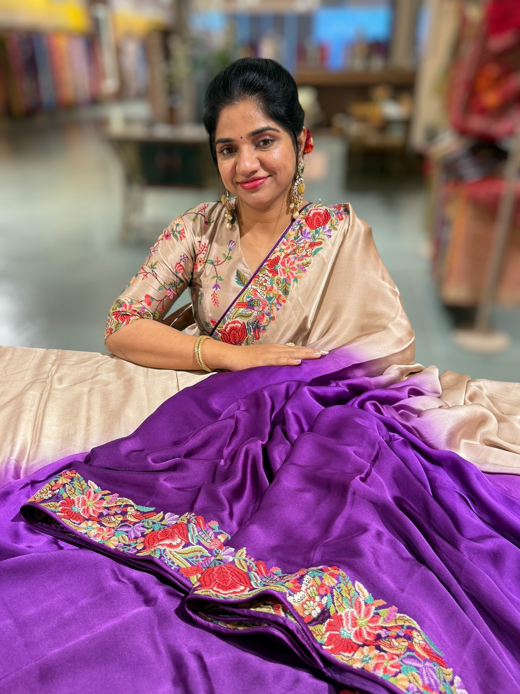 Pure Satin Ombre Dyed Saree with Petite Point Embroidered Border and blouse.