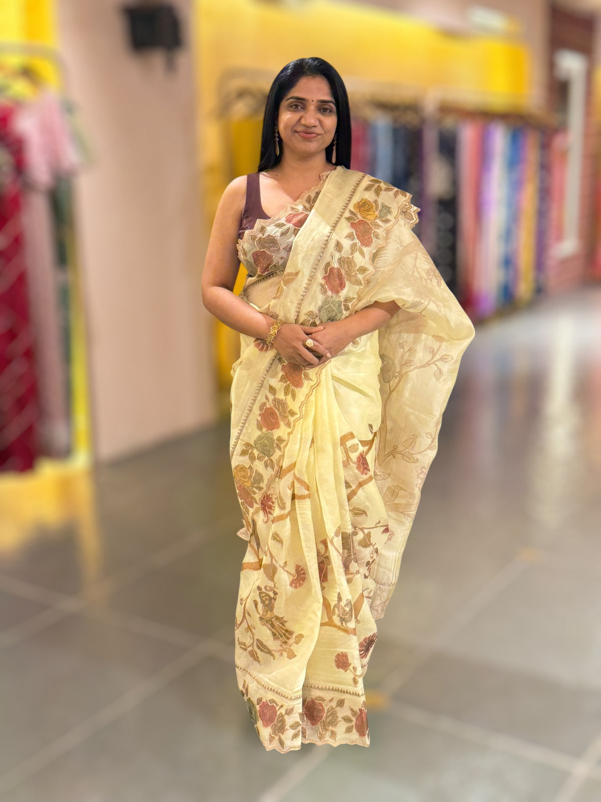 Pastel Yellow Pure Organza Applique Work Saree