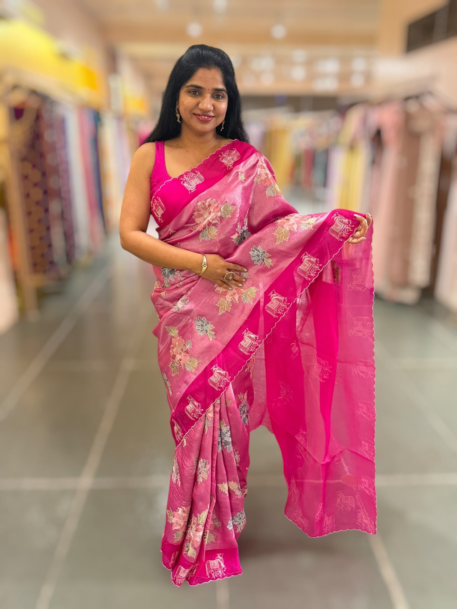 Fushcia Pink  Premium Handloom Designer Tissue saree with exquisite embroidery