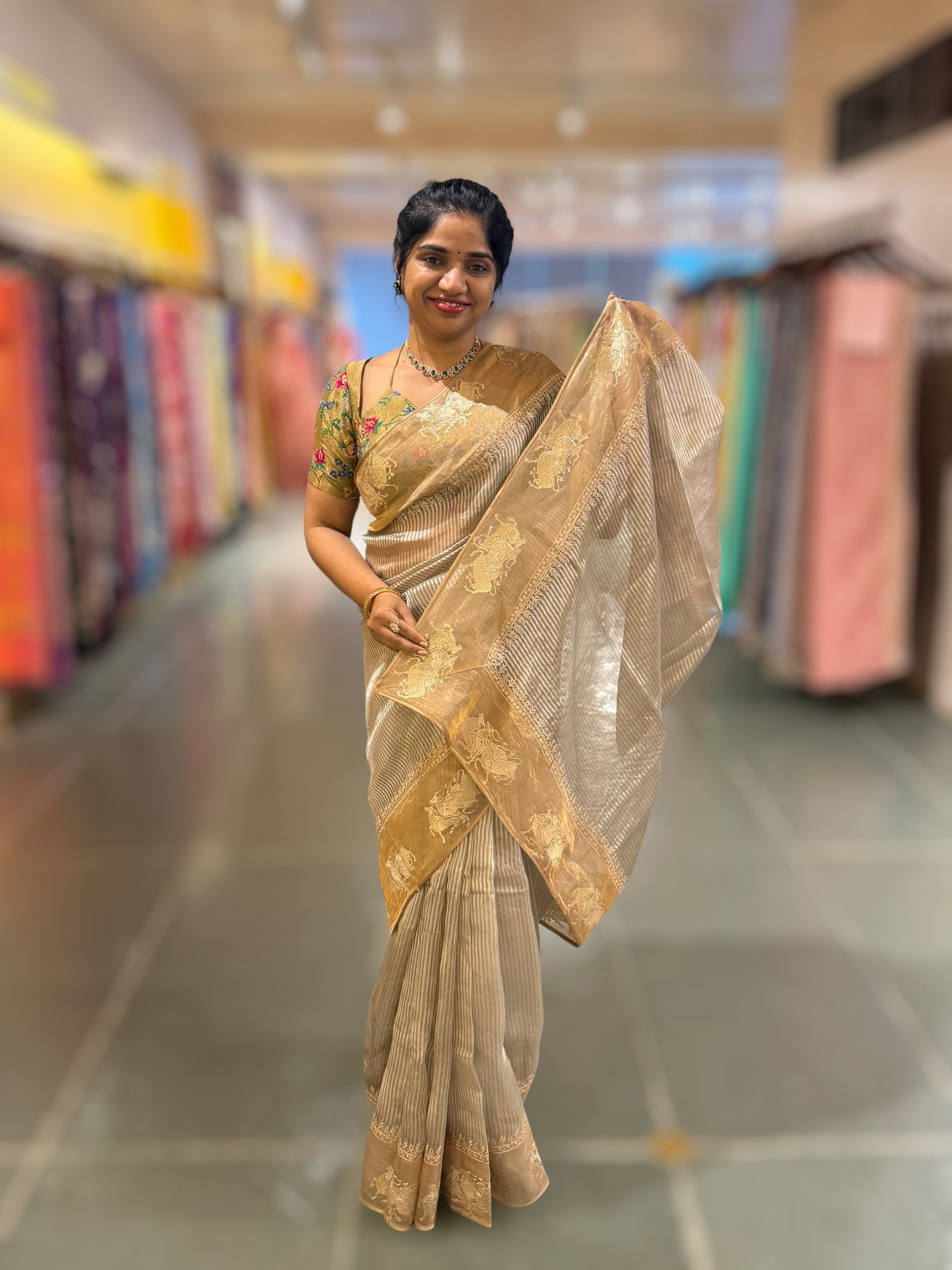 Earthy Grey Kora tissue stripes Saree with Nandi embroidered tissue border
