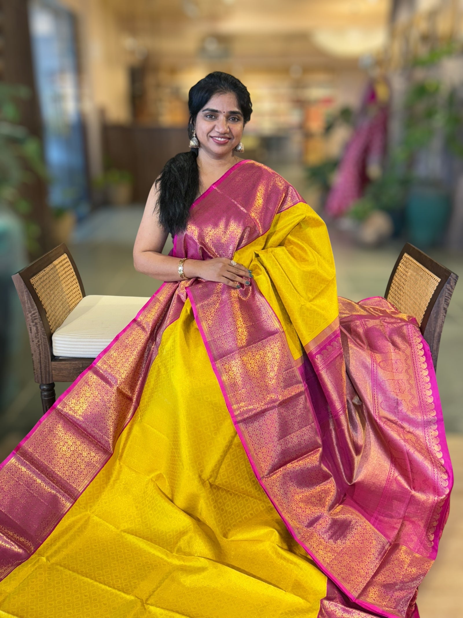 Yellow and Rani Pink Combo kanchi brocade designer kuttu border saree