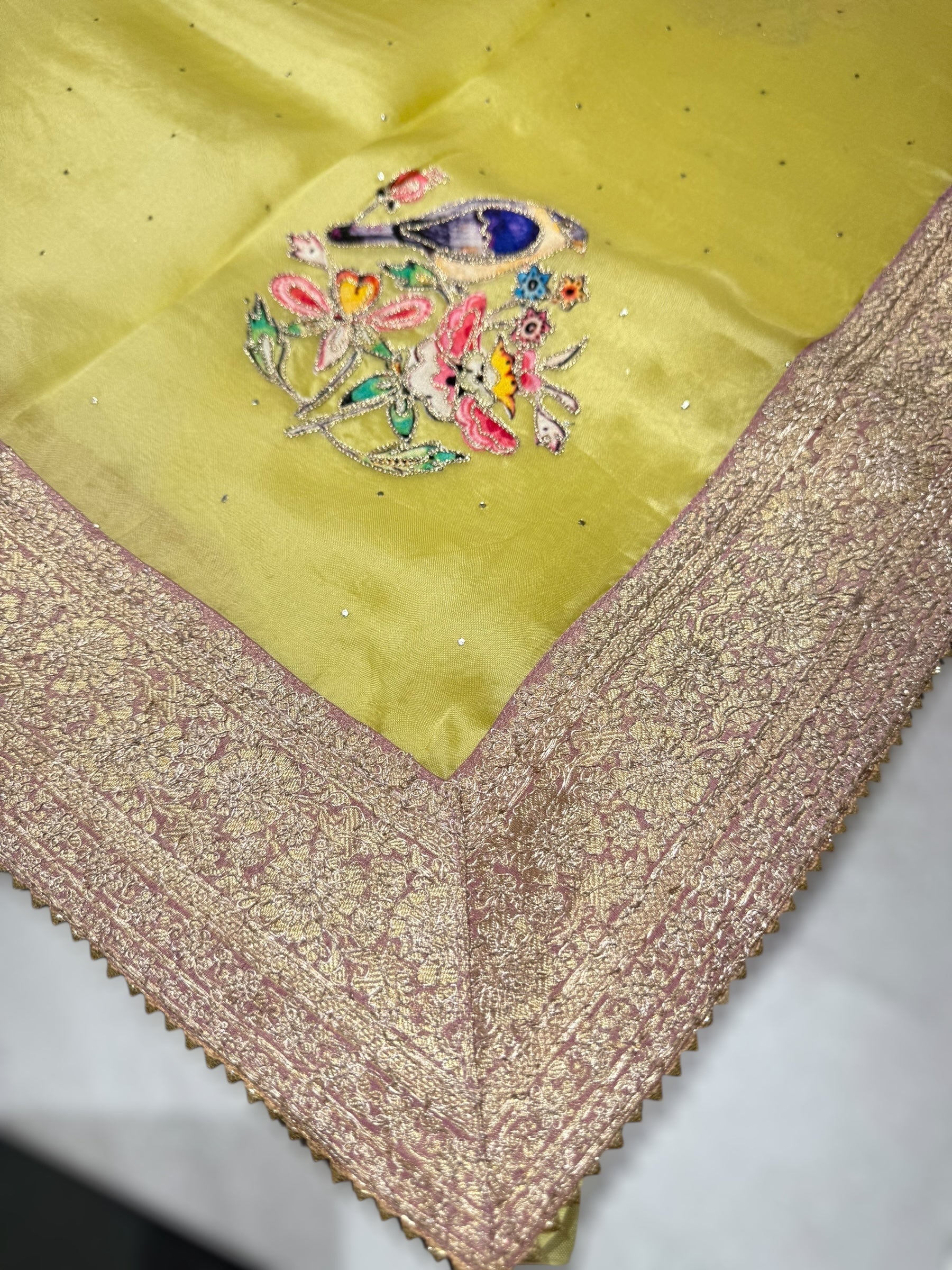 Lime yellow Pure Organza Saree with banarasi pitawork border and bird applique motifs allover the saree