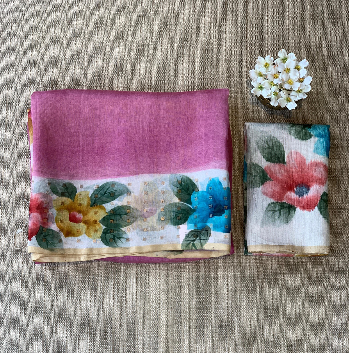 Rose Pink Tussar Kota Tissue Saree with Handpainted Muslin Border and Pallu