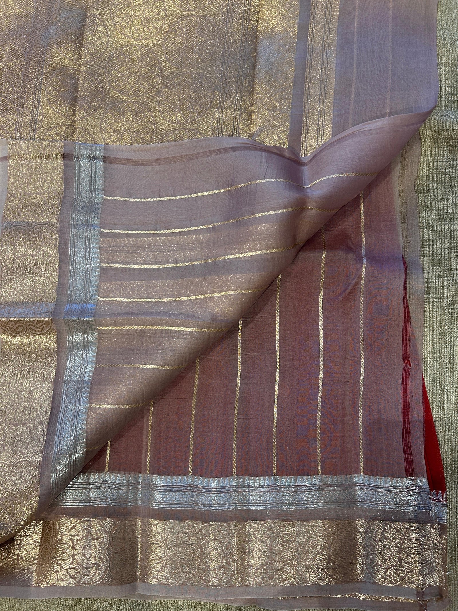 Red and lilac Combo Pure Handloom premium Kora Banarasi Saree