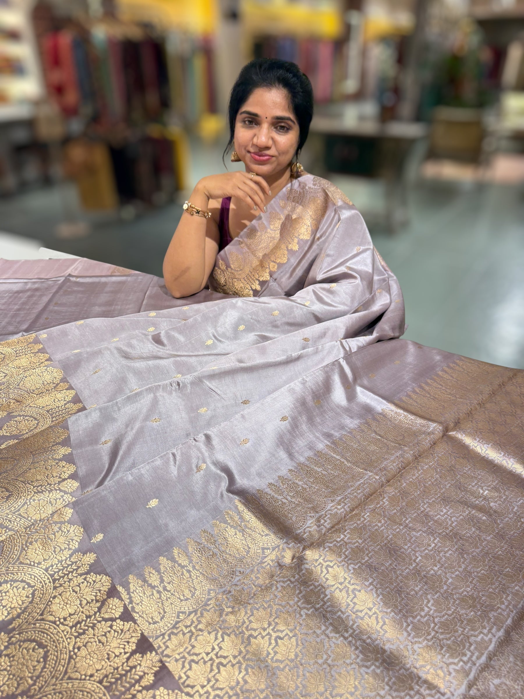 Dusty Mauve Raw Mangoe Silk Saree with heavy weaving Mashru Open Border