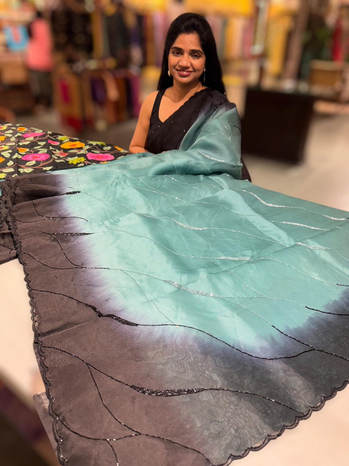 Teal &amp; Black Ombre Dyed Pure Organza handwork saree