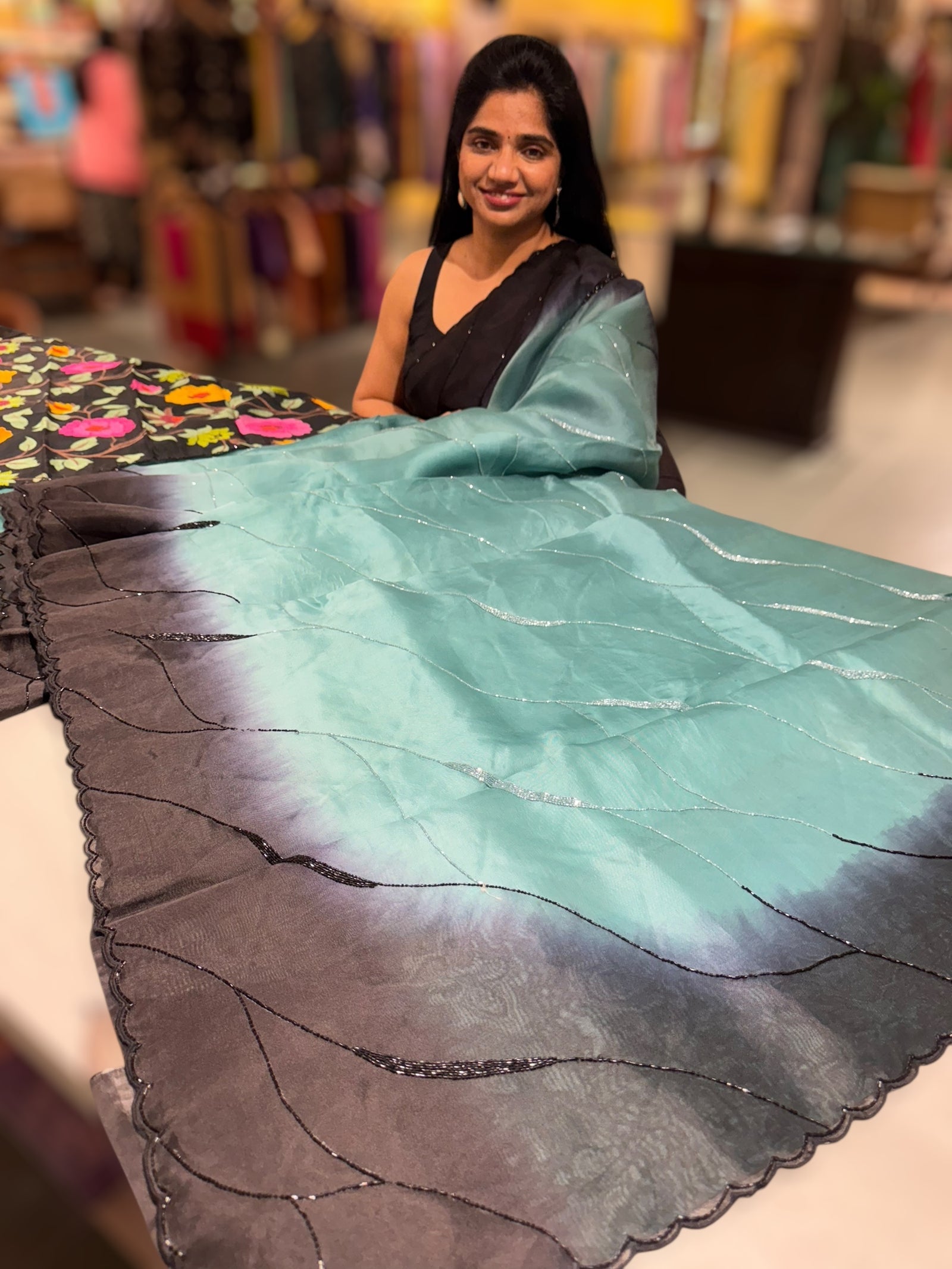 Teal & Black Ombre Dyed Pure Organza handwork saree