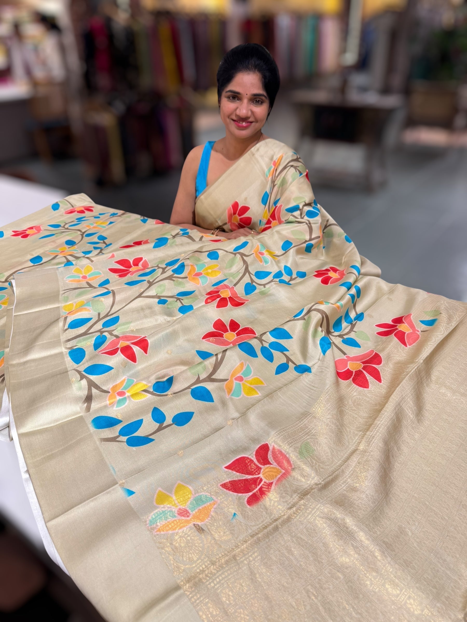 Light Pista Kanchi Soft Silk Saree with ajamdani inspired print