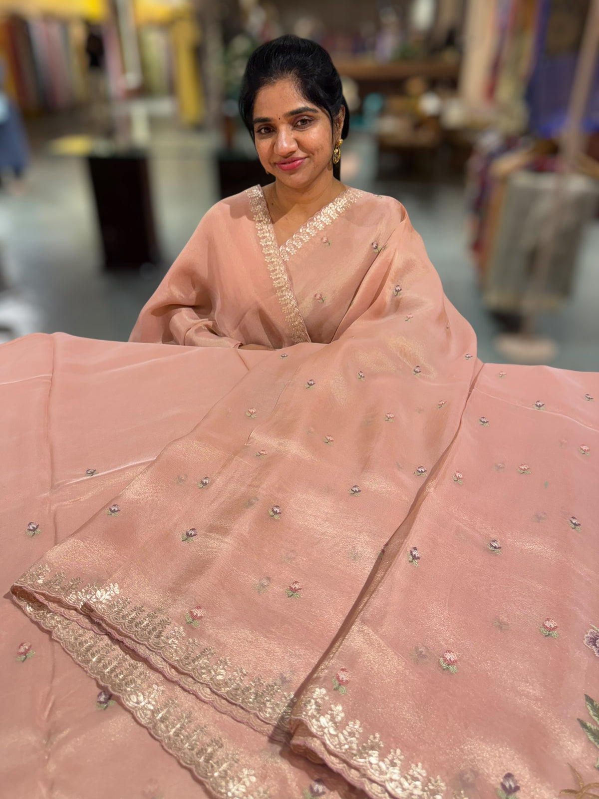 Peach Pink Tissue Georgette Saree with petite point emb