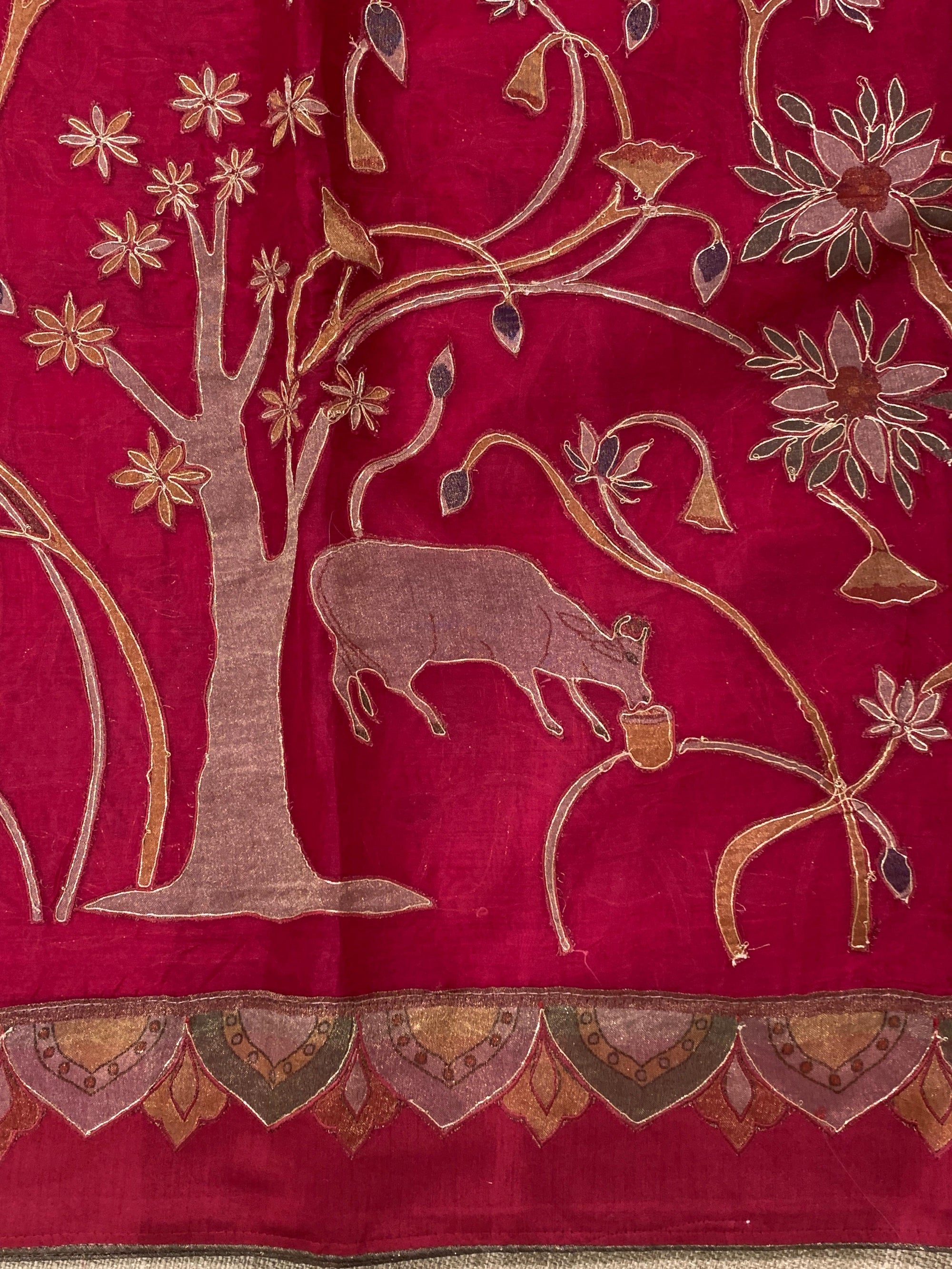 Ruby Pink Designer Organza Saree with Stunning Tissue Applique work Saree with Village theme