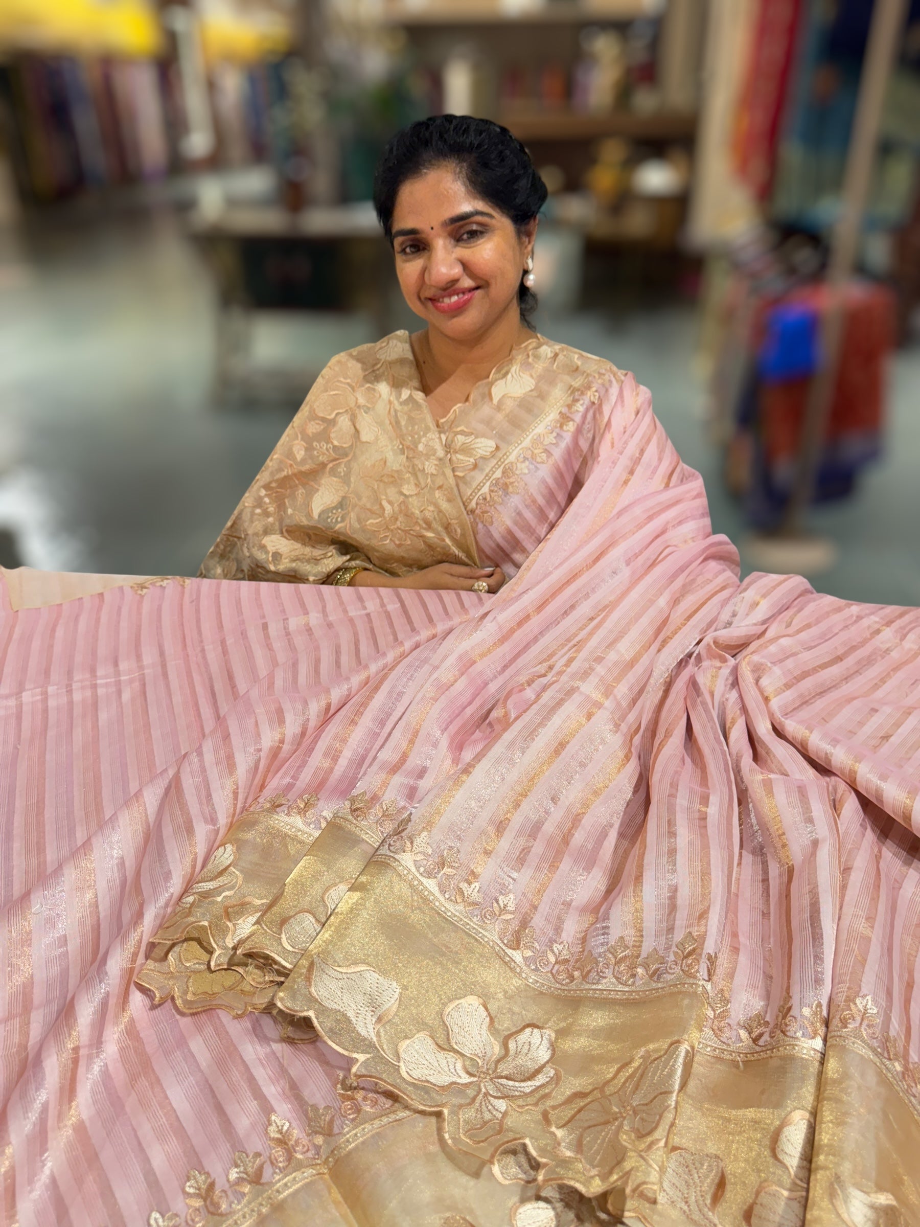 Pastel Pink Mul Tissue Stripes Saree With Tissue Cutwork  Border & Blouse