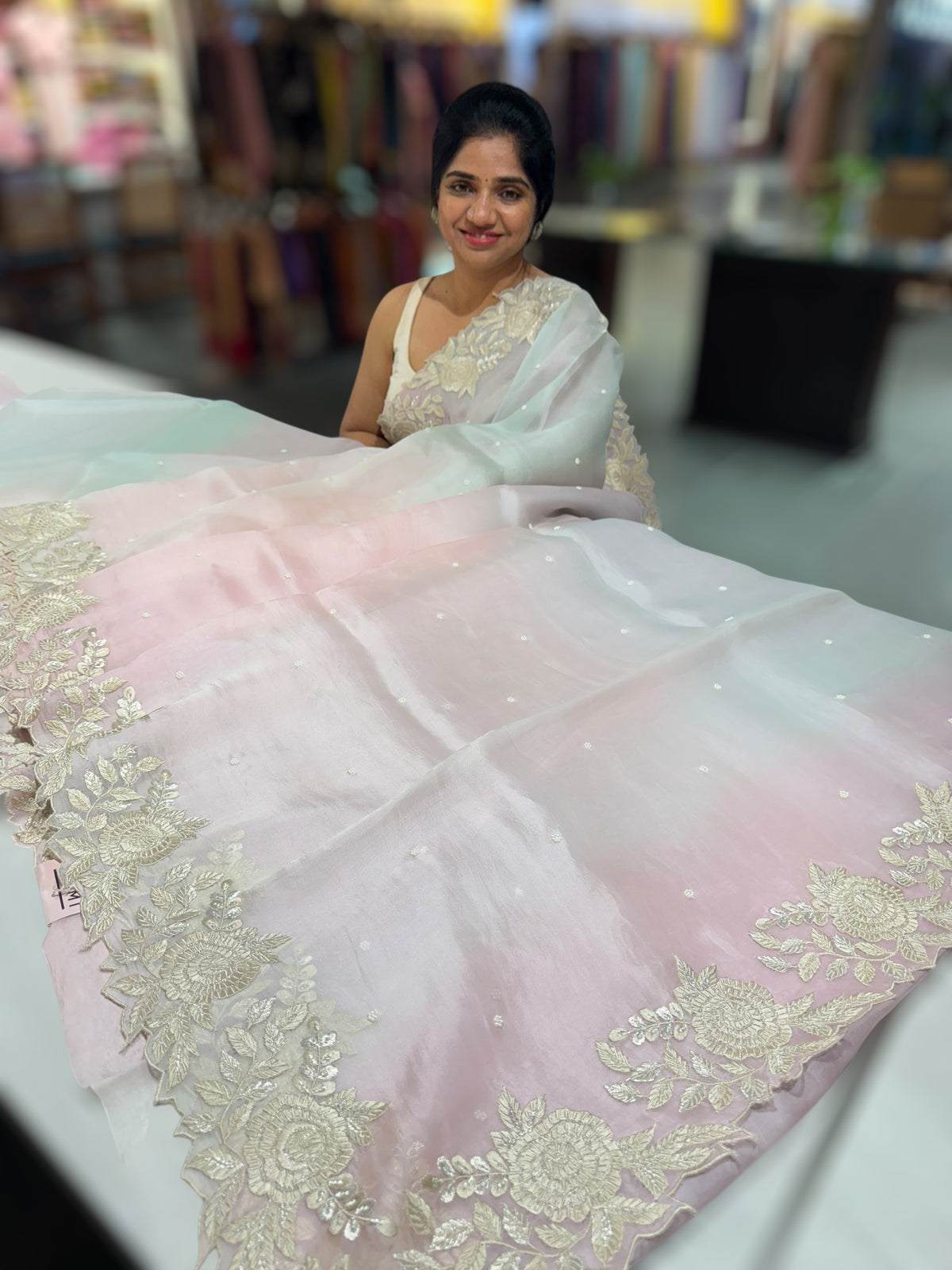 Ombre dyed Pure Organza Saree with parsi gara embroidery