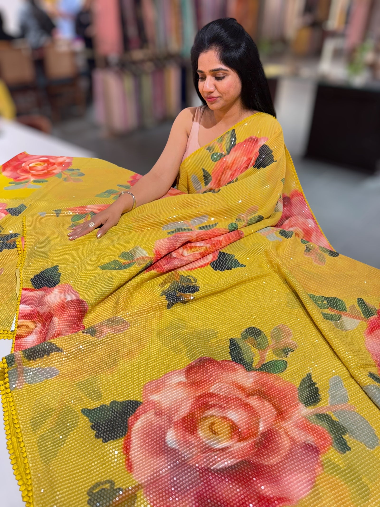 Mango Yellow georgette sequence saree with statement floral print