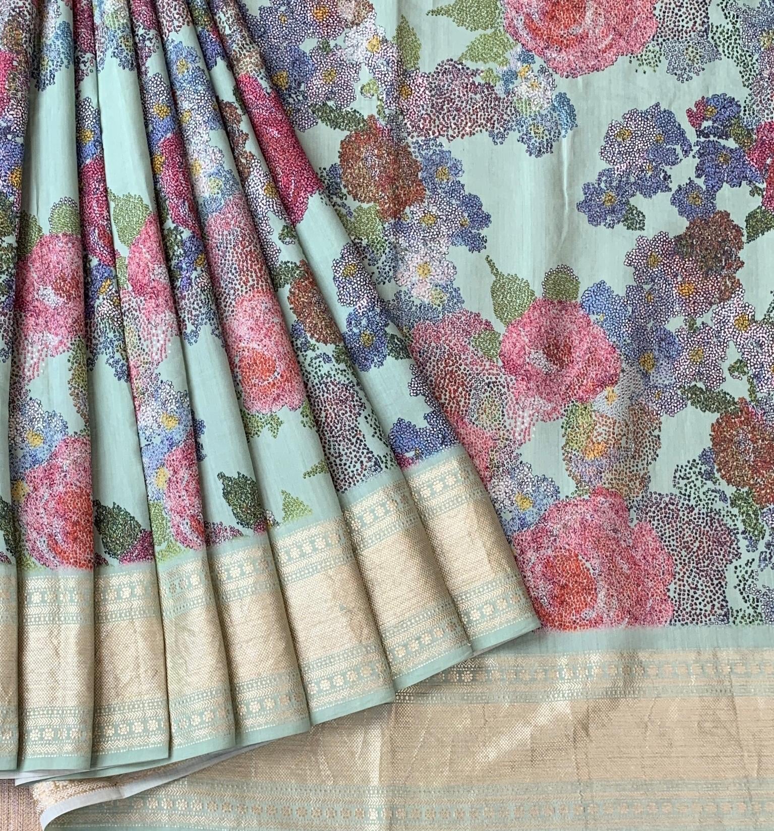 Mint Pure Handloom Chiniya Silk Saree with stunning Floral Print and zari borders
