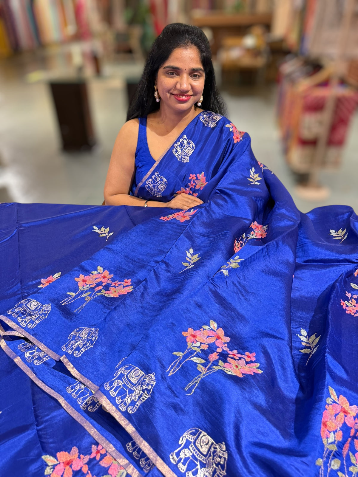 Electric Blue Banarasi Silk Saree with petite point & Pita embroidery