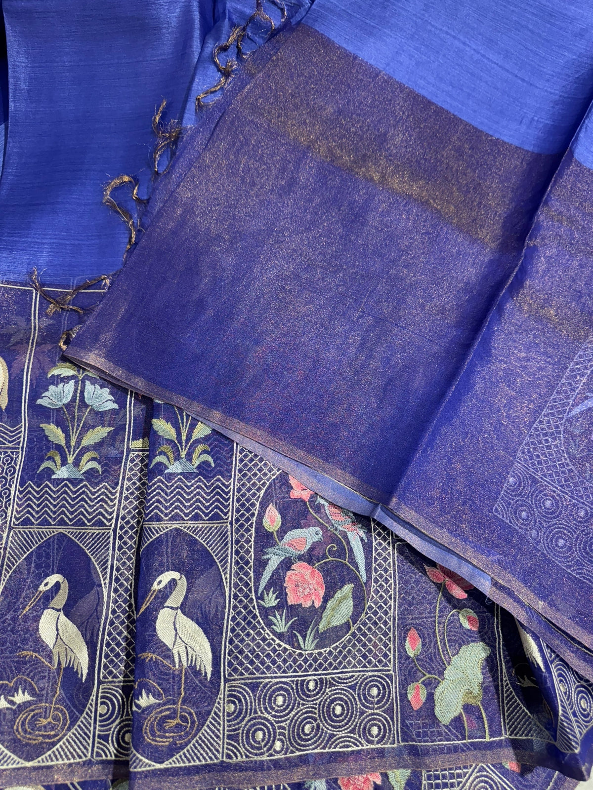Royal Blue Kora-Tussar blend Handloom Saree with Tissue embroidered Skirt Border