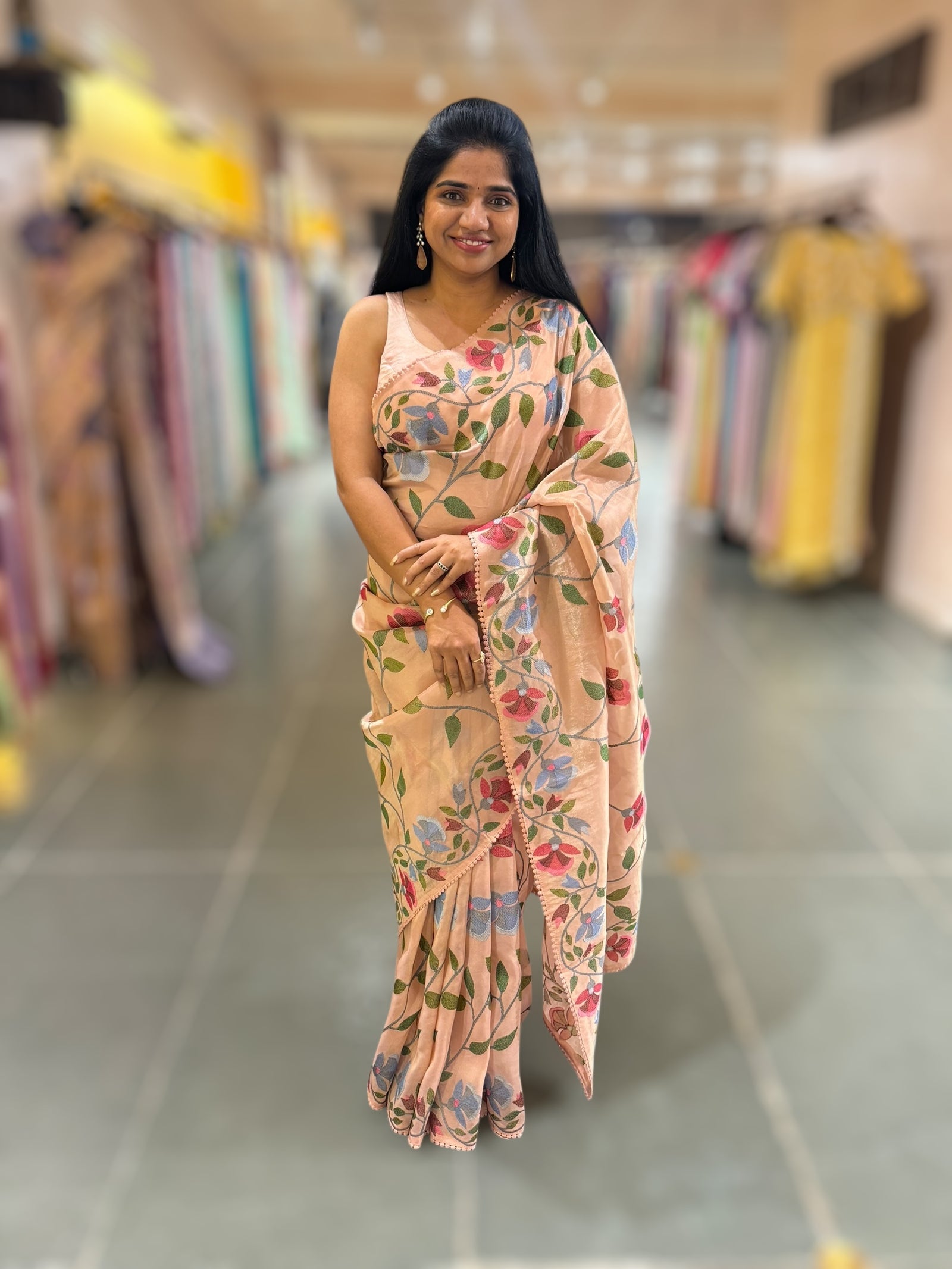 Nude Pink Tissue georgette saree with embroidey