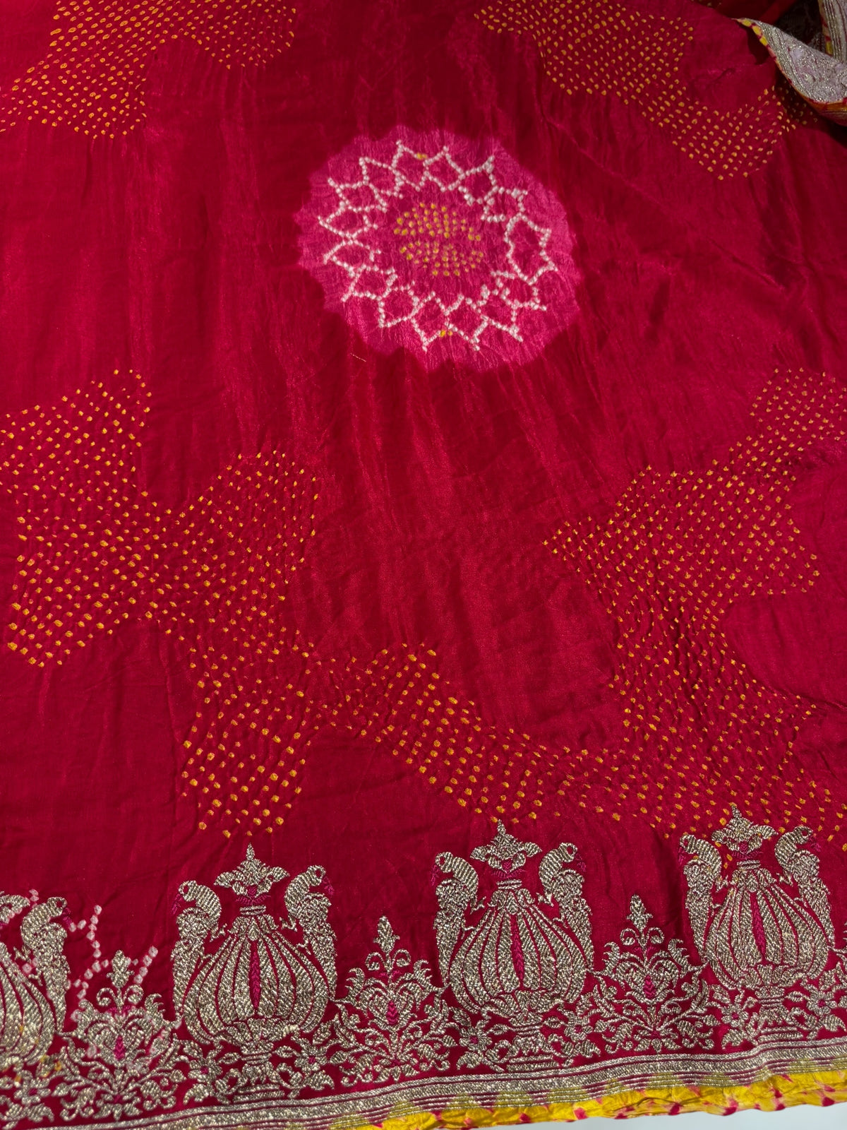 Reddish Pink Designer Rai Bandhej Saree With Embroidered Border