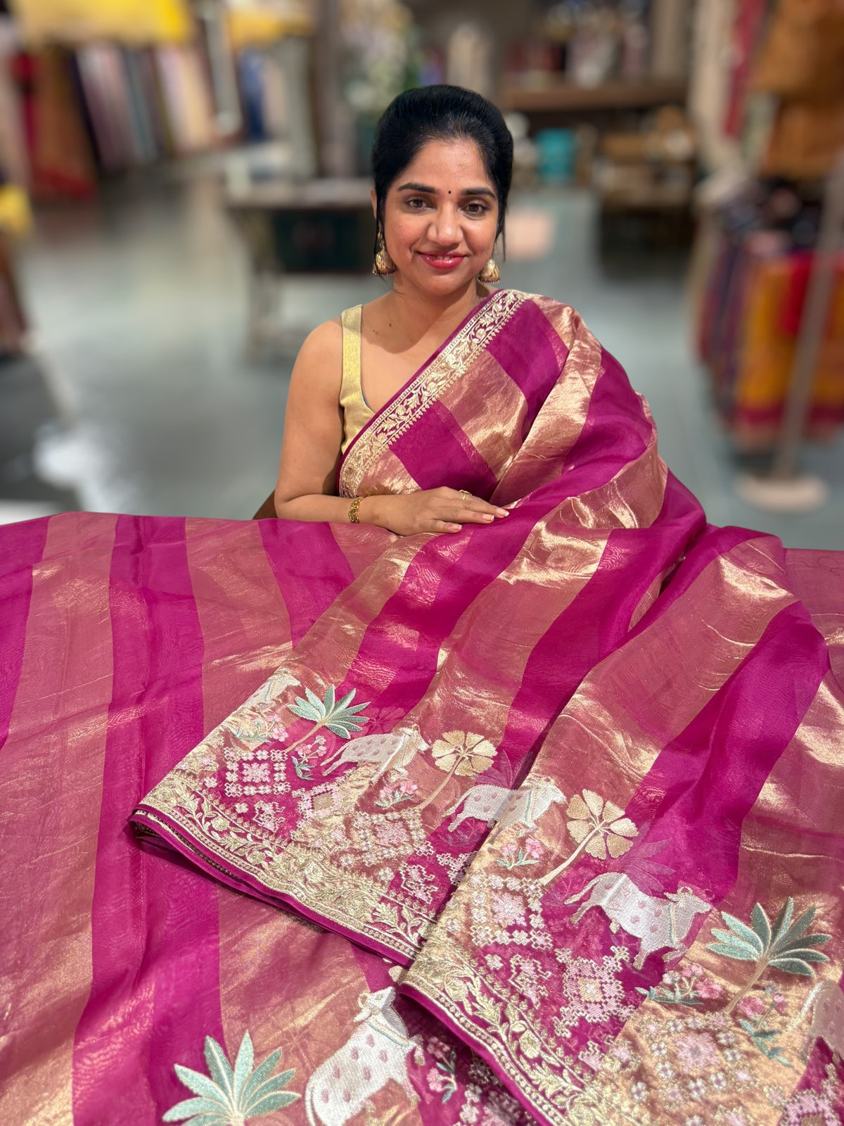 Ruby Pink Kora Tissue Stripes Saree With Jamdani  & Pichwai embroidered Border