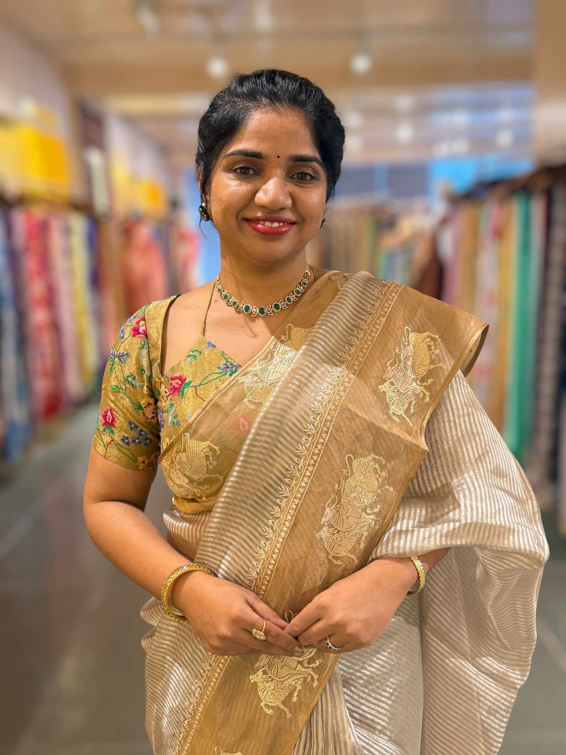 Earthy Grey Kora tissue stripes Saree with Nandi embroidered tissue border