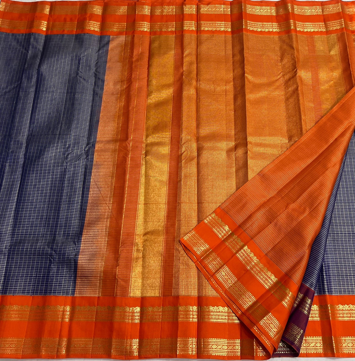 Blue & Orange Combo Vintage Checks Gap Border Kanjeevaram Saree