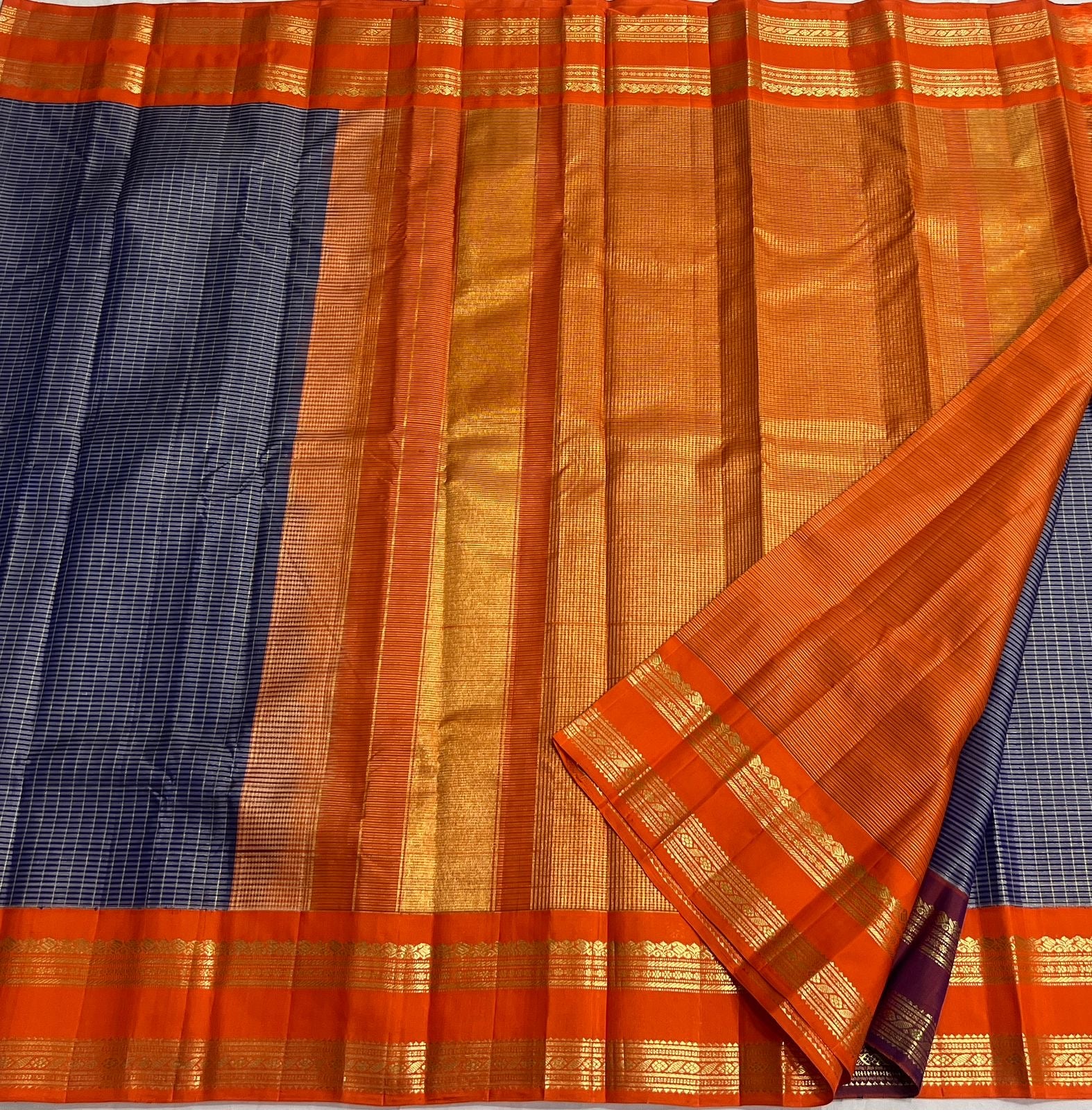 Blue & Orange Combo Vintage Checks Gap Border Kanjeevaram Saree