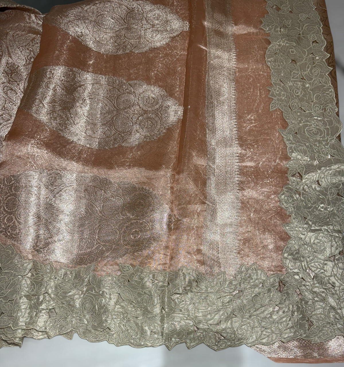 Peach Tissue Brocade allover weaving Saree with Tissue Cutwork Rose Border