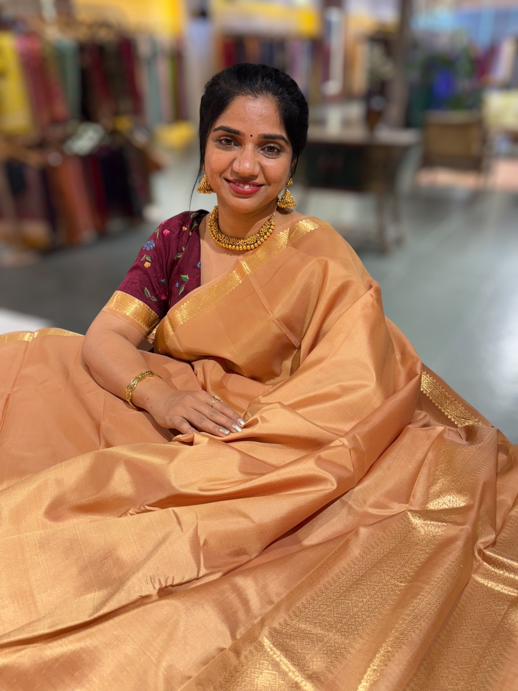 Beige Kanchi Vintage Saree with Petite Point Embroidered Blouse