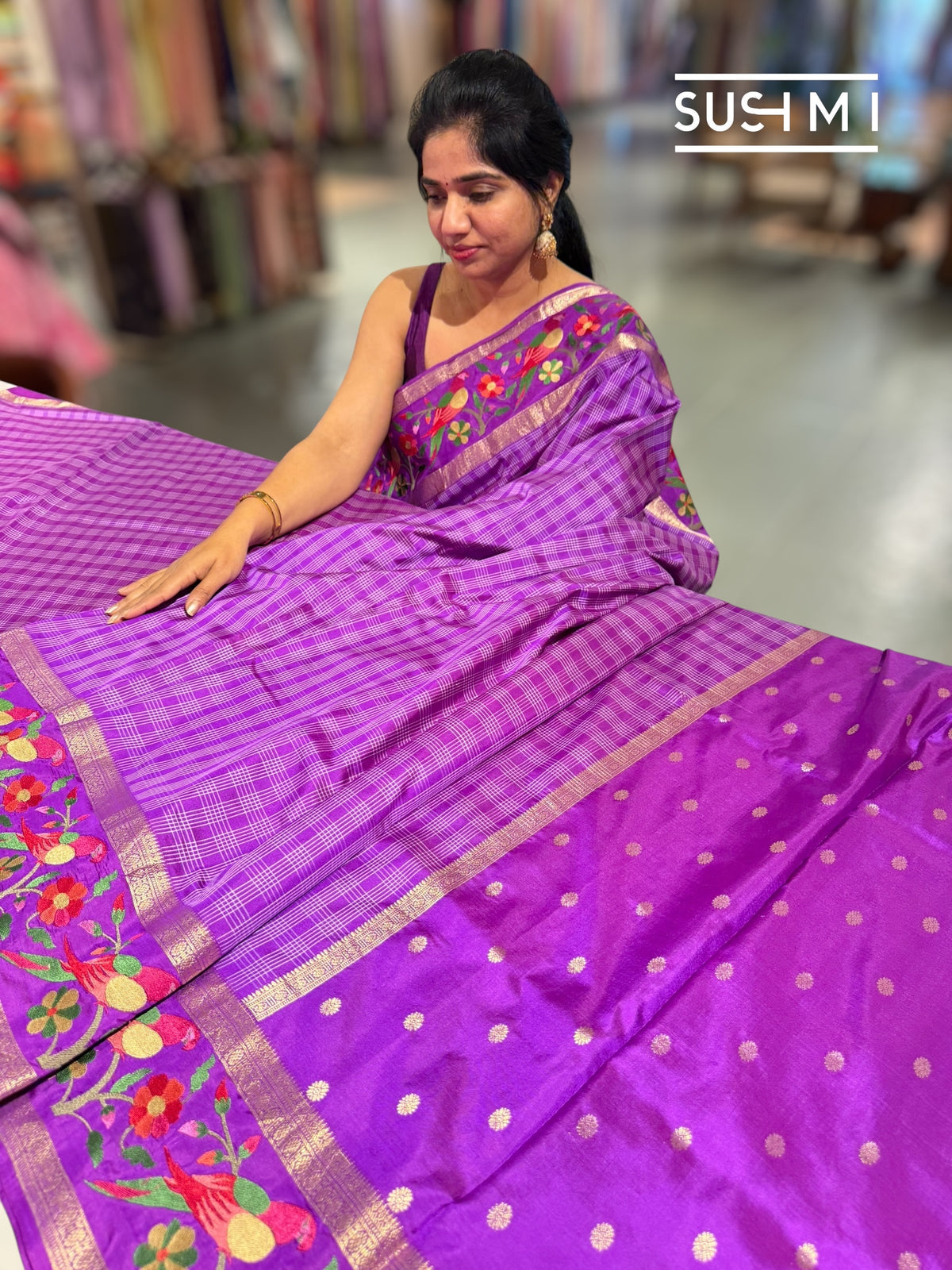 Majenta Vintage checks Kanjeevaram soft silk saree with embroidery D62F041