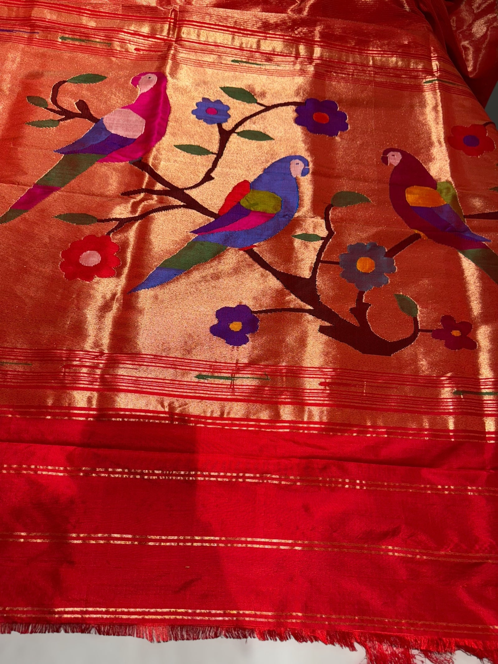 Red Pure handloom paithani tissue stripes saree