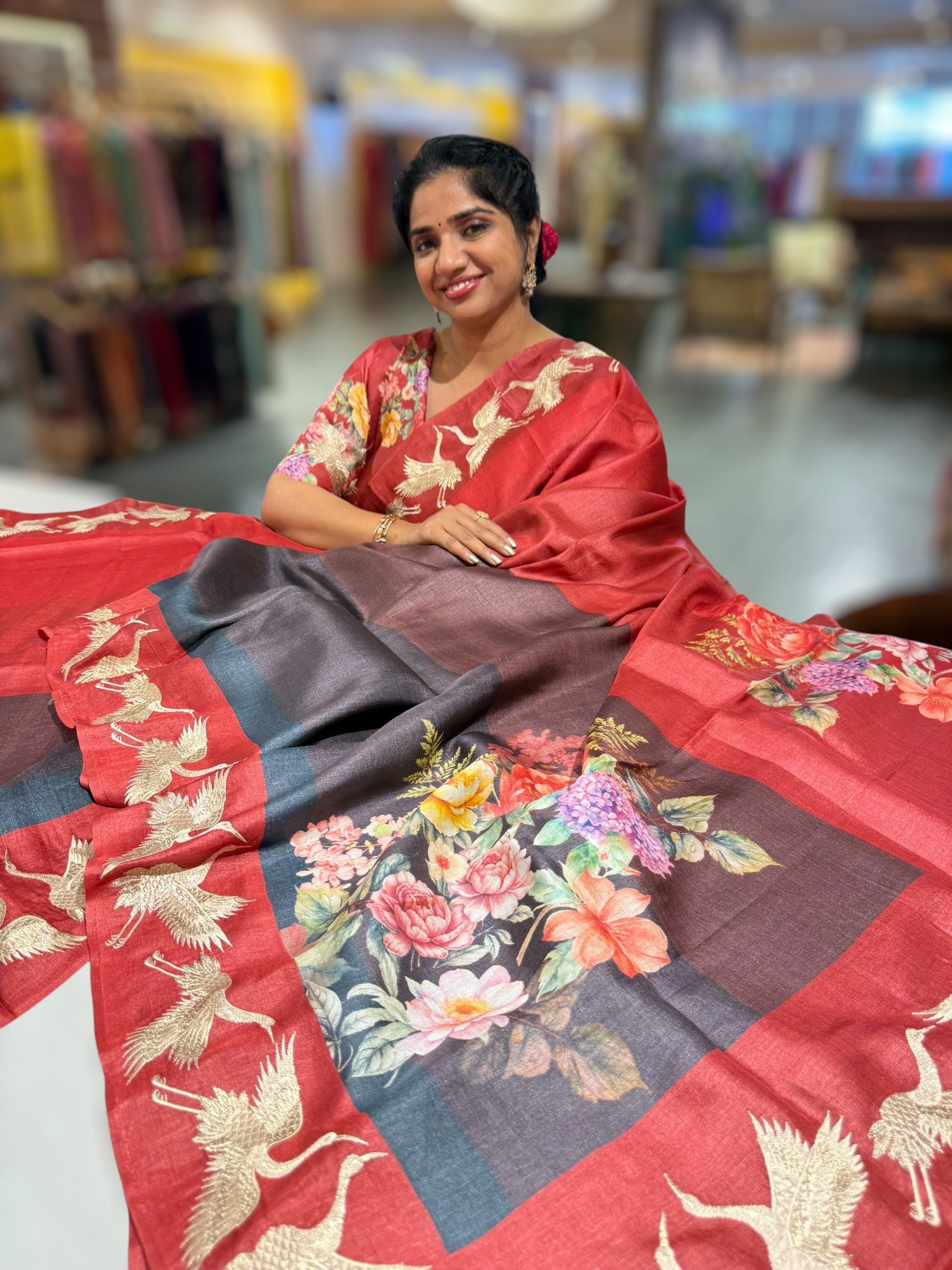 Tussar Rangkaat Saree With Crane Bird  Embroidered Border