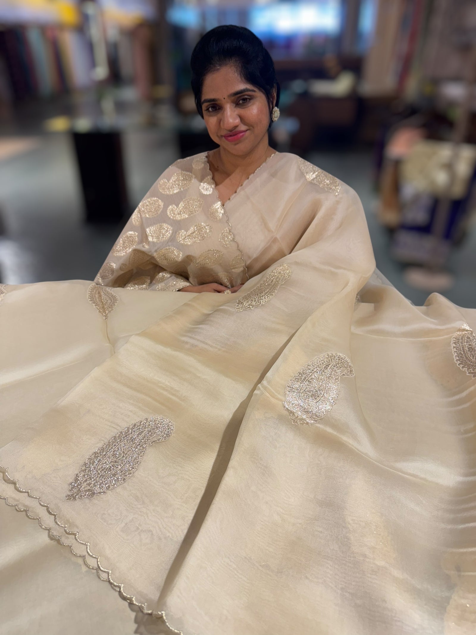 Beige Organza with applique motifs