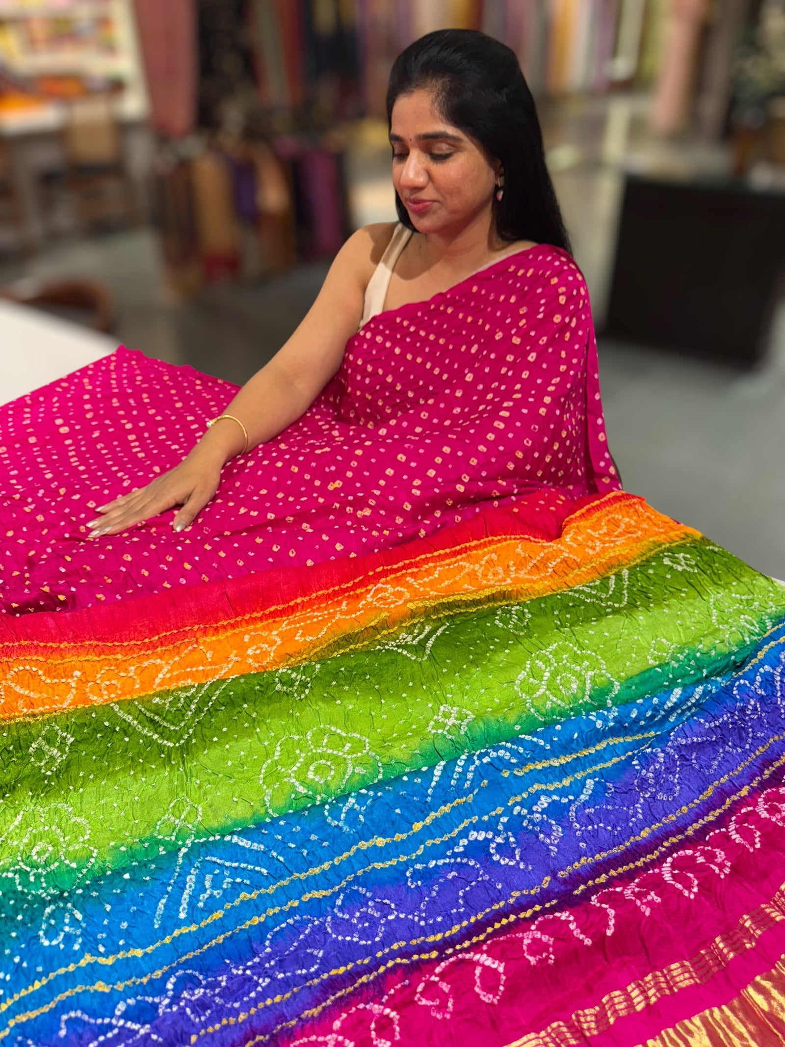 Pink Pure gajji silk saree with rainbow pallu