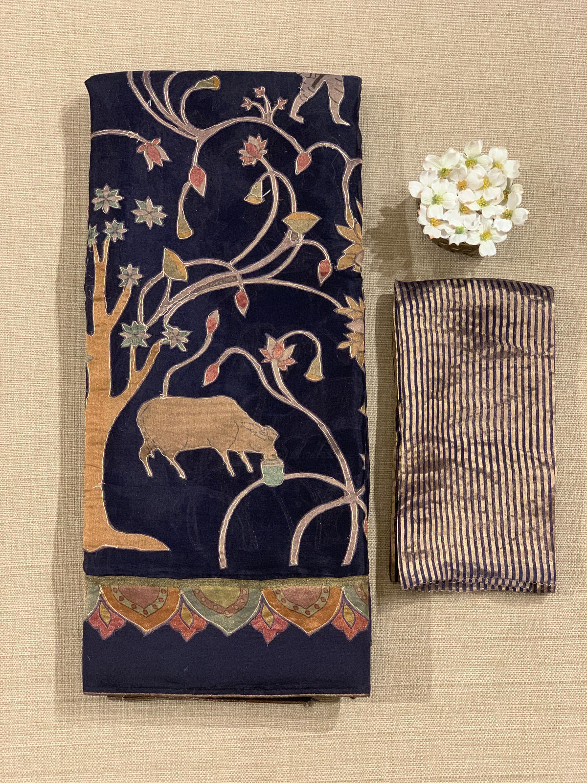 Midnight Blue Designer Organza Saree with Stunning Tissue Applique work Saree with Village theme