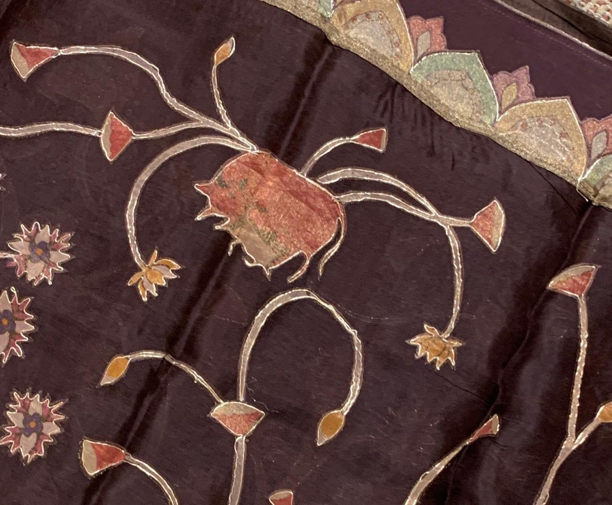 Brown Designer Organza Saree with Stunning Tissue Applique work Saree with Village theme