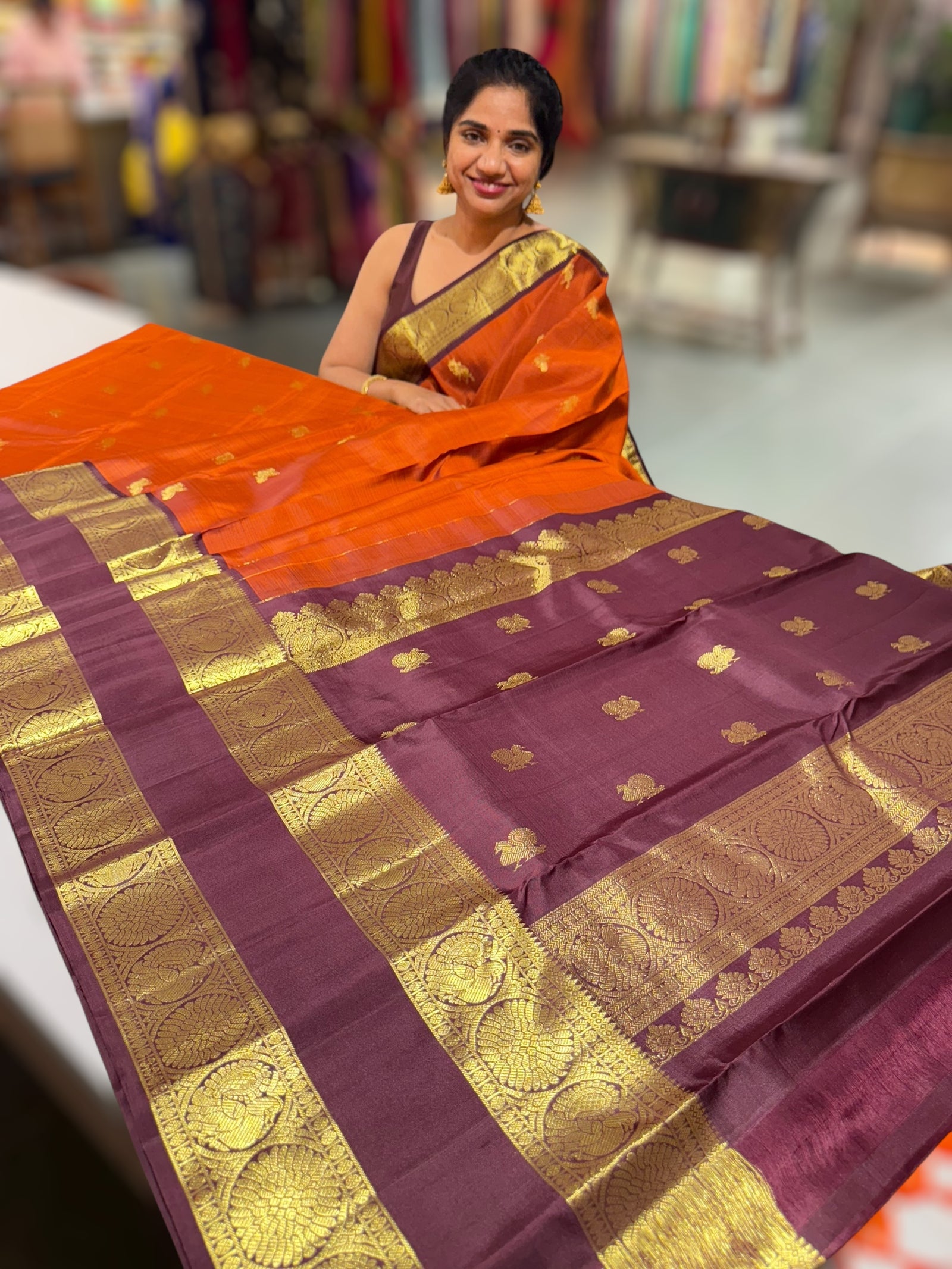 Rust Orange and Winish Brown Vintage Kanchipuram Gap border Saree