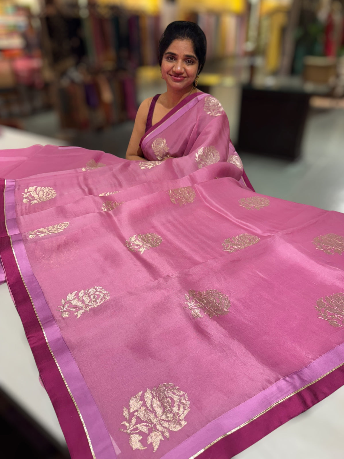 Rose Pink Pure Organza with embroidery