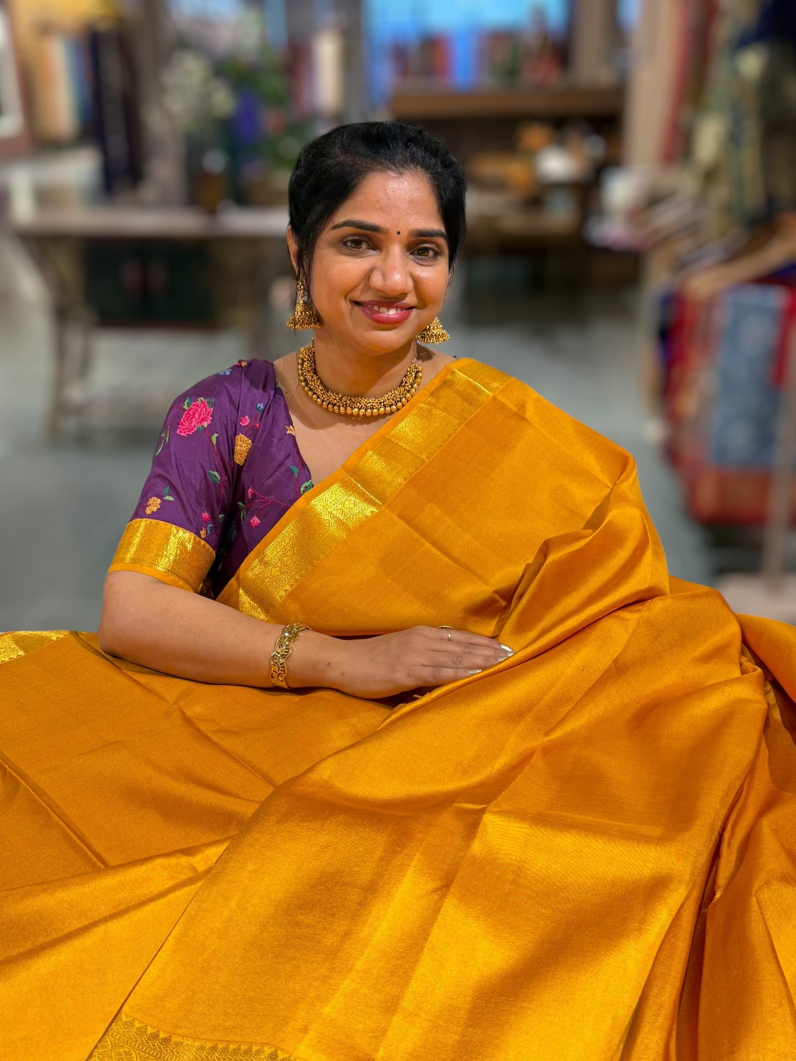 Mustard Kanchi Vintage Saree with Petite Point Embroidered Blouse