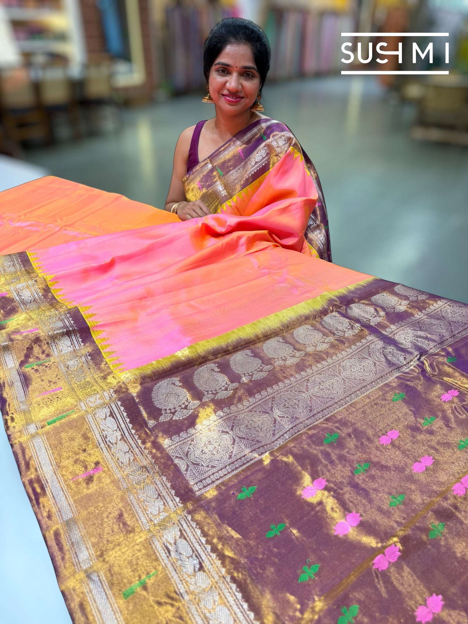 Peach Pink Gadwal Paithani Saree : S62F184