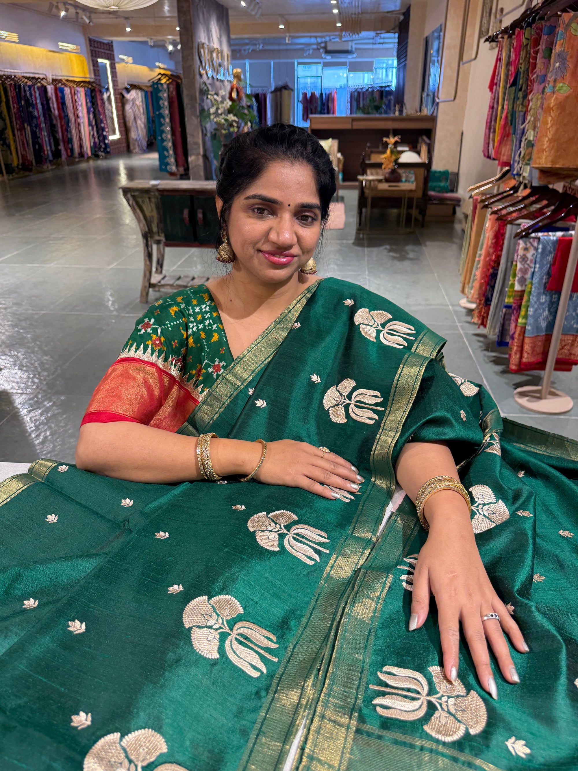 Bottle Green Handloom Raw Silk Saree