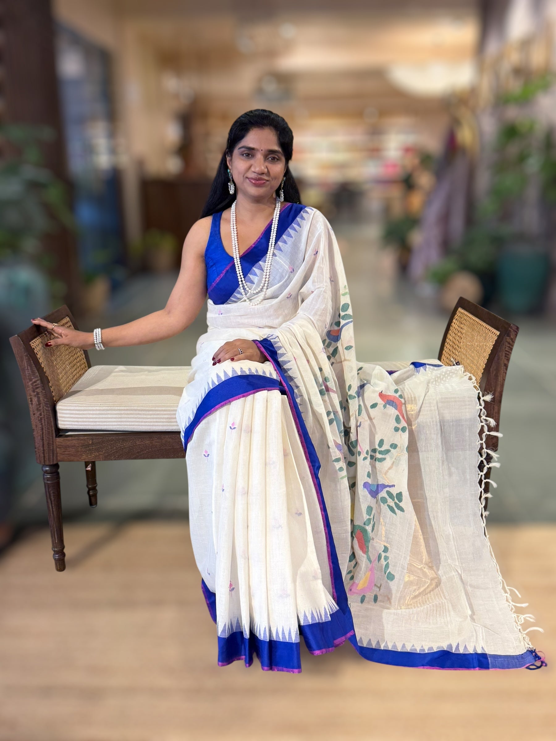 Ivory Ponduru Khadi Saree with Royal Blue Temple Border & Jamdani Bird Pallu