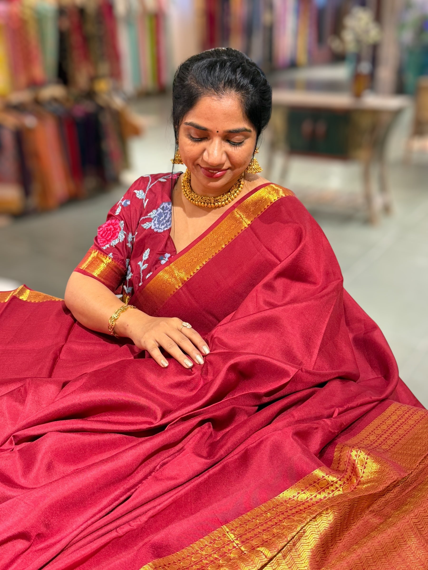 Meroon Kanchi Vintage Saree with Petite Point Embroidered Blouse