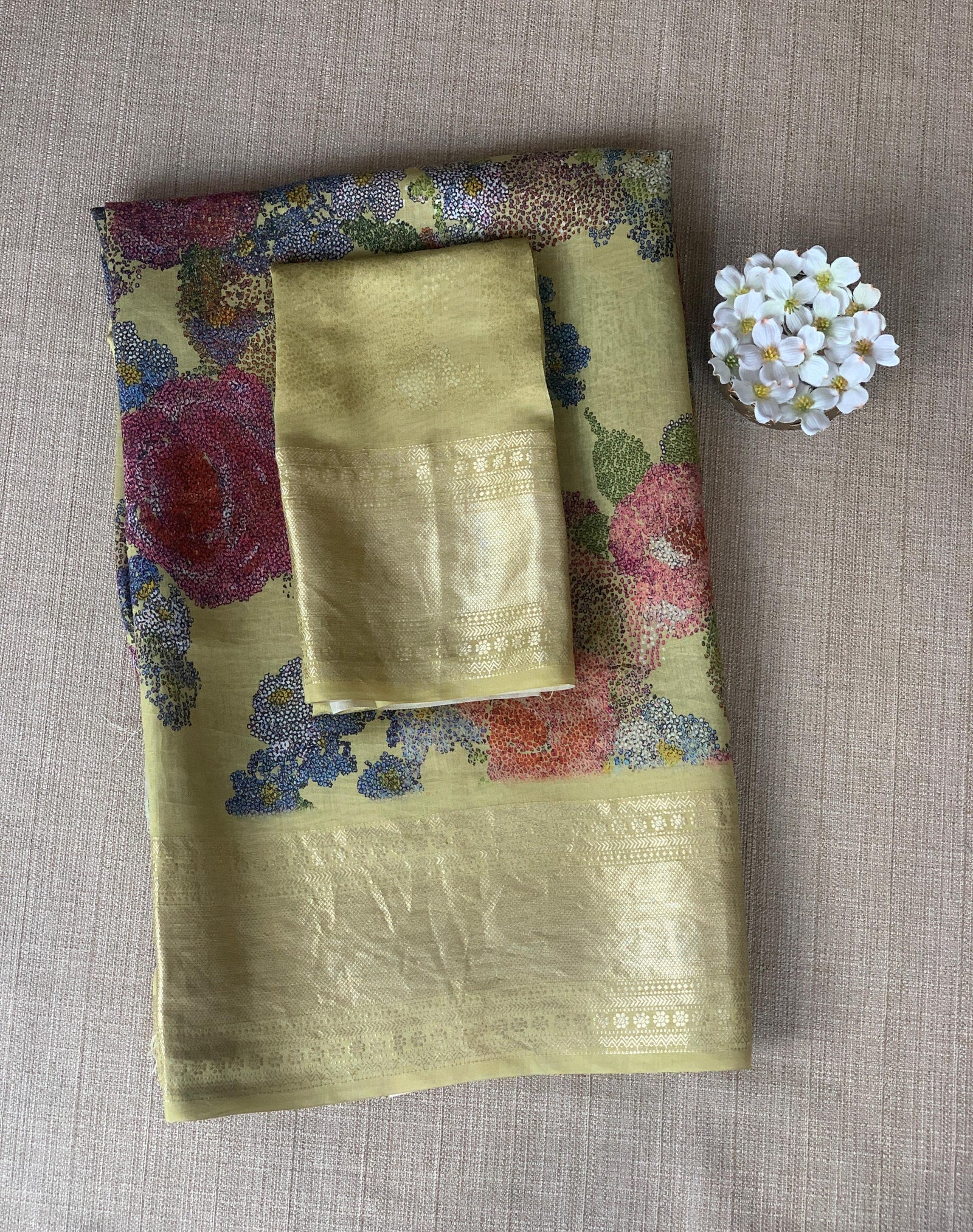 Pista Green Pure Handloom Chiniya Silk Saree with stunning Floral Print and zari borders