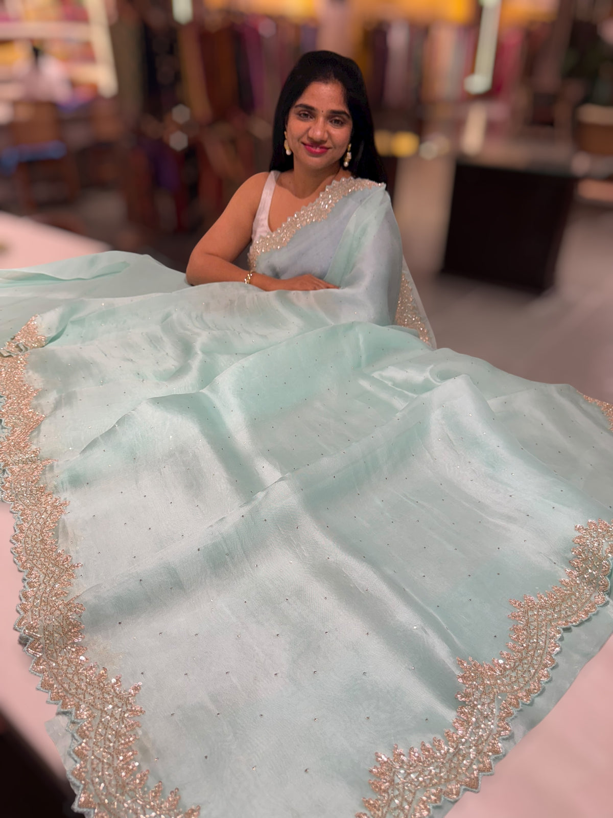 Mint Blue Pure Organza Handwork Saree with heavy Designer Blouse