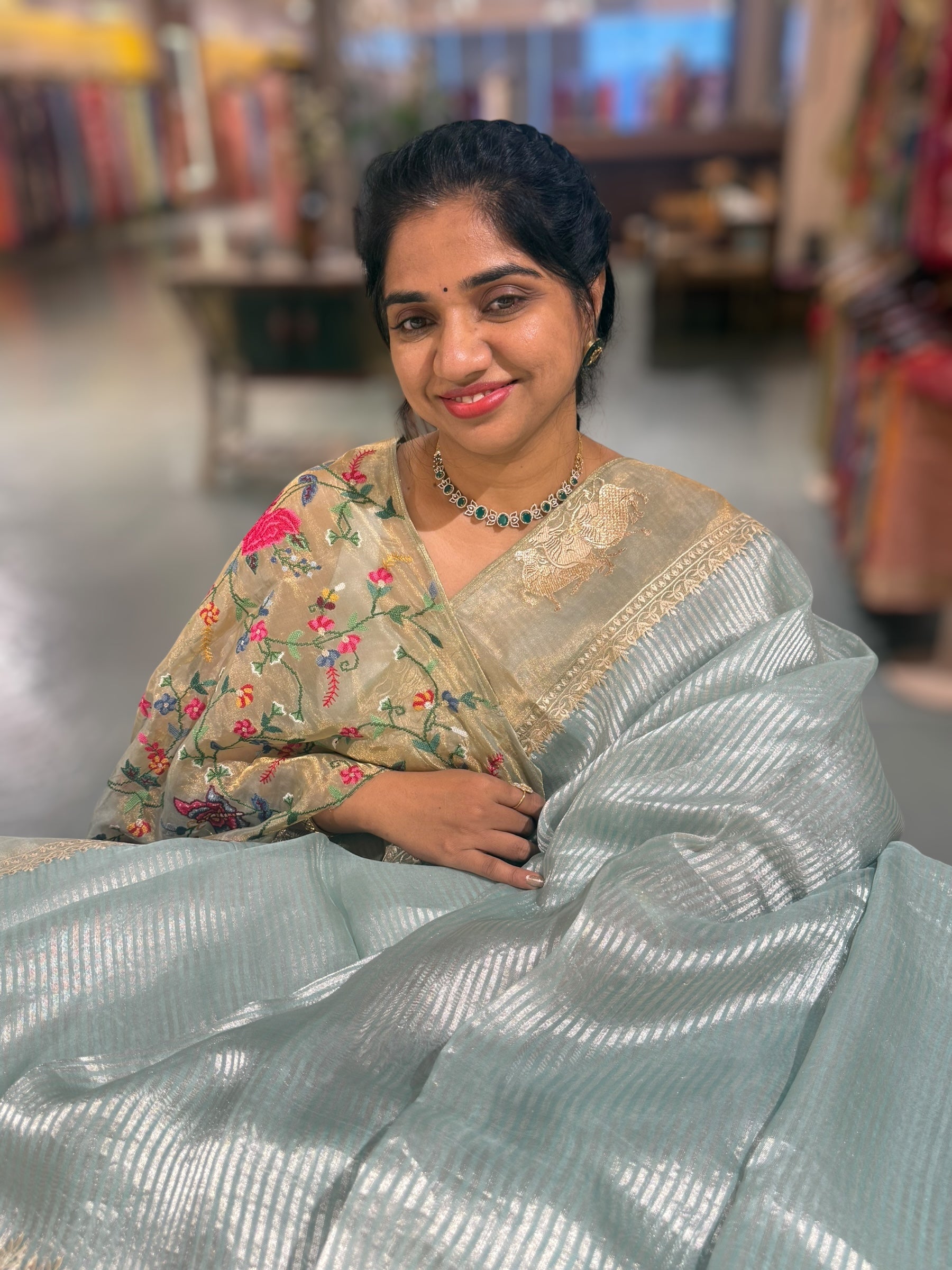 Pastel Blue Kora tissue stripes Saree with Nandi embroidered tissue border